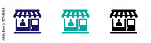 Set of three storefront icons with shopping carts in different colors