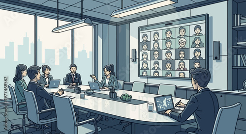 Business meeting with in-person and remote participants using video conferencing technology in modern office.