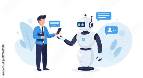 Human interacting with a friendly robot using speech bubbles in a modern digital environment.
