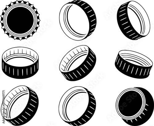 Black and white isometric bottle cap and a single bottle cap viewed from above collection