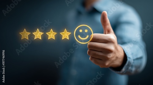 A person gives thumbs up with a smiley face and five stars in front