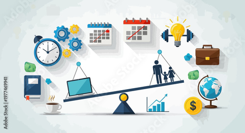 Conceptual illustration of work life balance with icons and symbols.