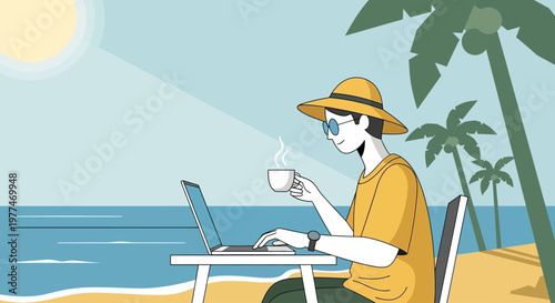 Young person working on laptop while drinking coffee at tropical beach under palm trees.