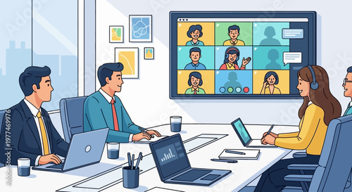 Business professionals attending a virtual video conference meeting in modern office.