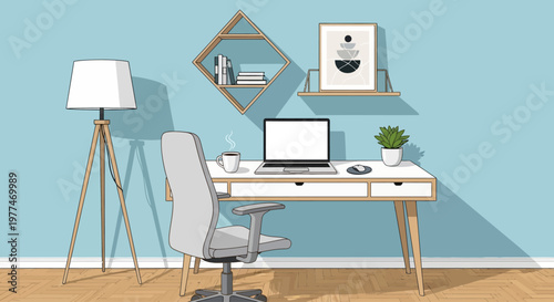 Modern minimalist home office workspace with desk and computer.