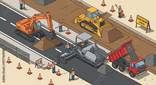 Road Construction Site: Excavator, Bulldozer, Paver, and Dump Truck Working