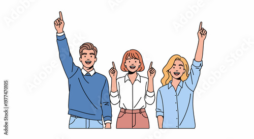 Three diverse people pointing upwards together.