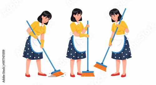 Three women cleaning with brooms and mops.