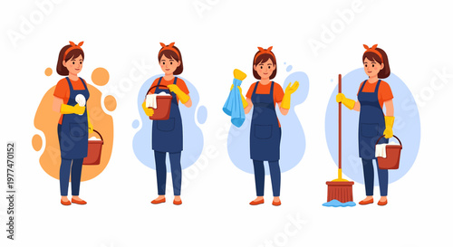 Set of female janitor characters cleaning.