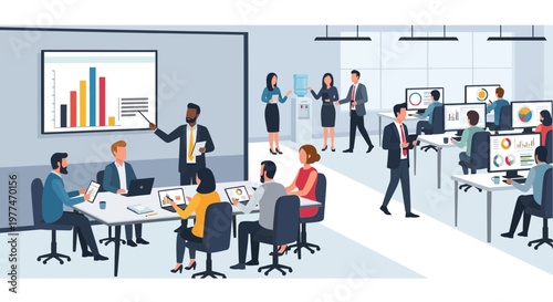 Diverse business team in modern office meeting, presenting charts and graphs on screen.