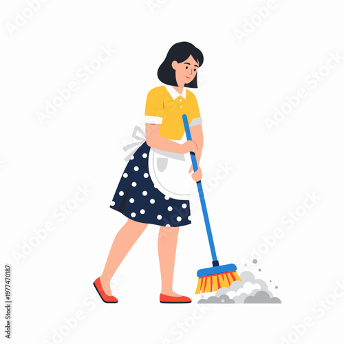 Woman cleaning with a broom.