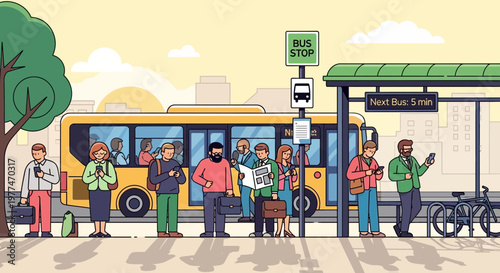 Diverse crowd waiting at sunny city bus stop with yellow bus arriving