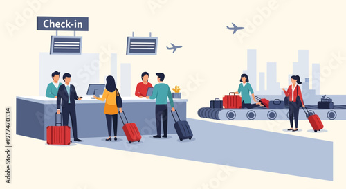 Airport Check-in Counter with Passengers and Luggage Carousel