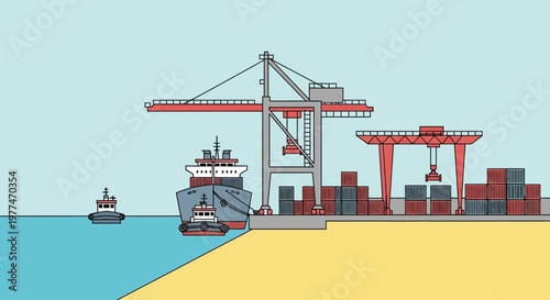 Cargo ship at port with tugboats, cranes, and shipping containers illustration