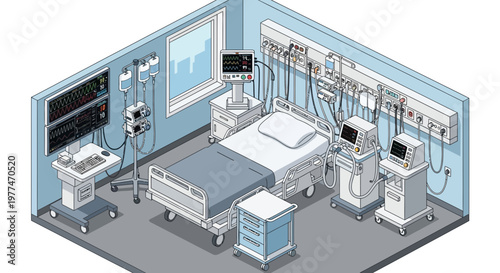 Modern Hospital Room with Advanced Medical Equipment, Intensive Care Unit Setup