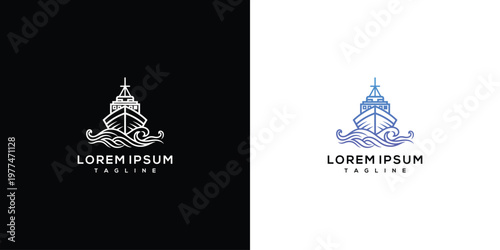 Elegant Ship Logo with Waves - Line Art