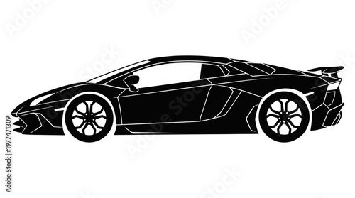 Silhouette of sports car side view black and white