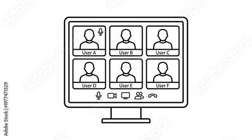 Video conference screen with six users and interface icons line art