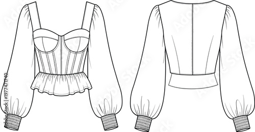 Women's blouse technical sketch, peplum hem, bishop sleeve, structured bodice, fashion design, garment construction, cad drawing flat vector illustration