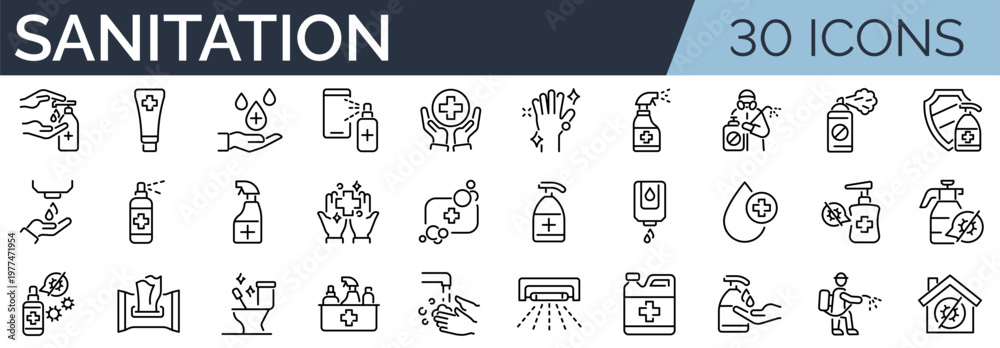Εκτύπωση καμβά Set of 30 outline icons related to sanitation