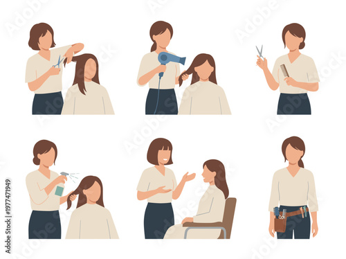 Hairdresser professional set: six flat vector illustrations of hairstylist cutting, drying, and styling hair