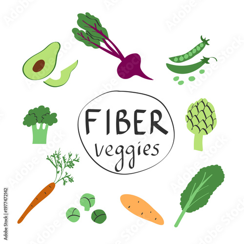 Collection of handdrawn high fiber vegetables. Fiber maxxing concept for gut health. Concept of healthy plant based eating, digestion support, nutrition and balanced diet.