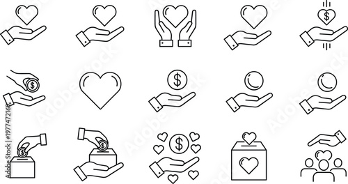 Charity icons, donation symbols, giving hands, heart, coin, box, generosity, philanthropy, kindness, support, volunteer, social cause, help