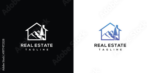 Real Estate Logo Design with House Mountains and Trees