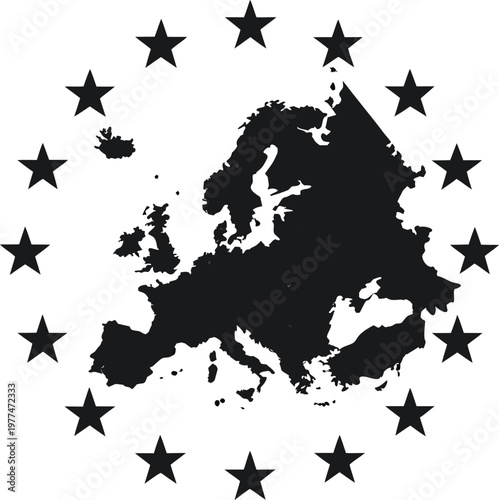Black silhouette of European continent map surrounded by stars on white background