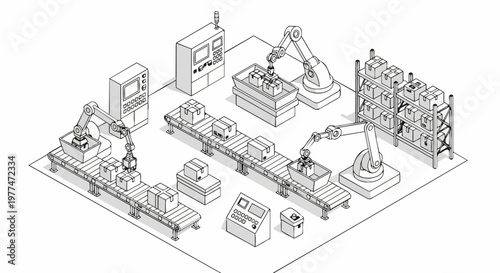 Isometric Smart Factory Illustration with Robotic Arms and Conveyor Belt System for Automated Warehouse Logistics and Industrial Manufacturing Process