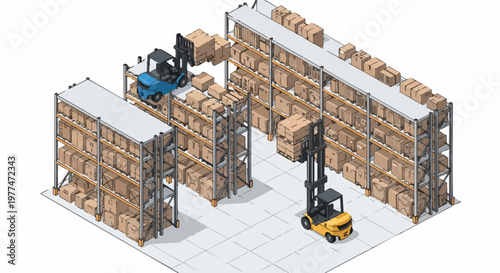 Isometric Warehouse Illustration with Forklifts, Pallet Racks, and Cardboard Boxes for Logistics and Supply Chain Concept