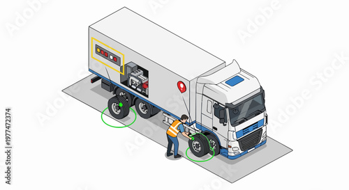 Isometric Truck Maintenance and Fleet Management Illustration with Worker and Diagnostic Data Visualization for Logistics