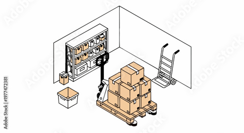 Isometric Warehouse Storage with Pallet Jack, Shelving, and Cardboard Boxes for Logistics and E-commerce Fulfillment Illustration