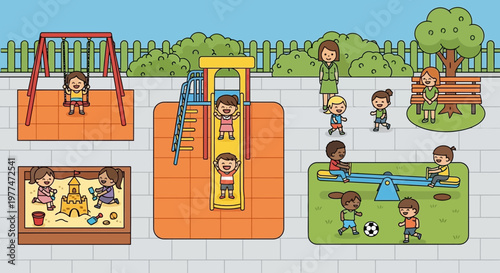Children Playing on Playground: Slide, Swings, Sandbox, Seesaw, Soccer