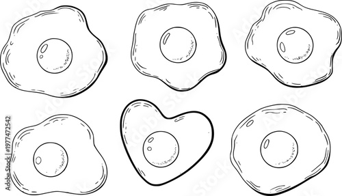 Hand-drawn fried eggs, including heart-shaped, isolated white breakfast food