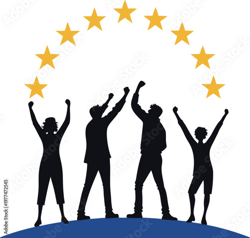 Four silhouetted people celebrating with raised arms under golden stars