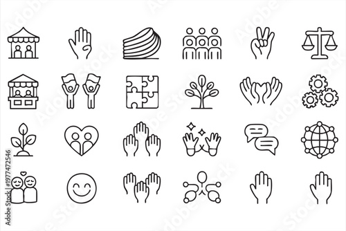 Social Line Icon Set Featuring Teamwork Diversity and Inclusion