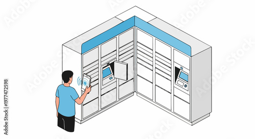 Isometric Illustration of a Man Unlocking an Automated Parcel Locker with a Mobile Phone App for Contactless Package Delivery and Pickup