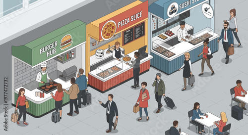 People queuing at diverse food stalls in a busy urban marketplace with isometric view