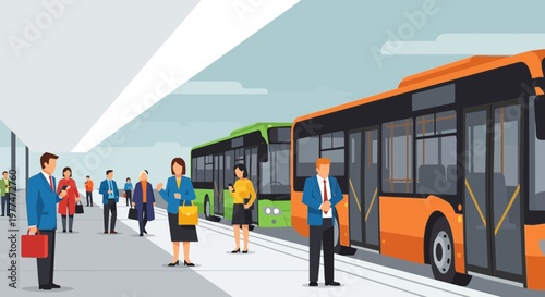 Commuters Waiting for Buses at Modern Transit Station with Orange and Green Buses