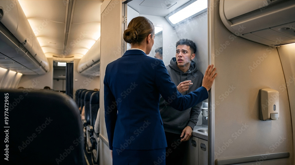 Naklejka premium Flight attendant confronting male passenger smoking inside aircraft cabin.
