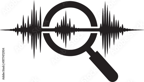 Audio waveform examined by magnifying glass on white background vector illustration