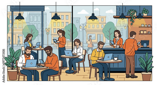 Diverse people working and socializing in a bright, modern cafe with laptops and smartphones