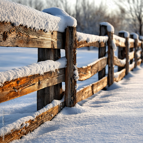 A rustic wooden fence heavily covered in fresh white snow during a bright winter morning. The golden sunlight creates a peaceful and idyllic atmosphere in the rural countryside.