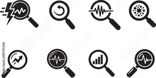 Magnifying glass icons with diverse data analytics and financial growth symbols