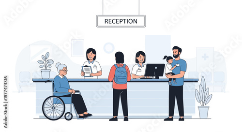 Hospital reception desk with diverse patients and staff, accessibility, medical care.