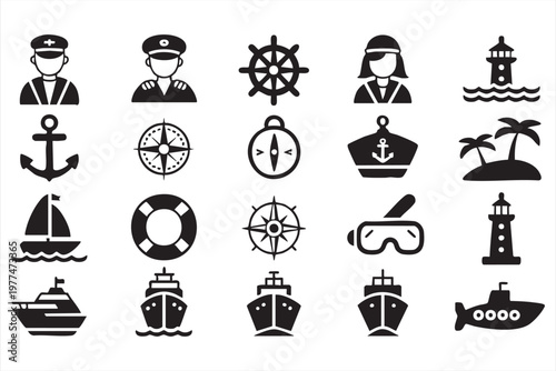 Marine Nautical Icon Set for Ships Navigation and Ocean Travel