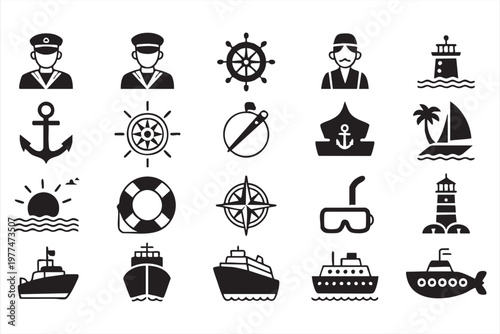 Sailing and Navigation Icons for Marine Adventure and Tourism