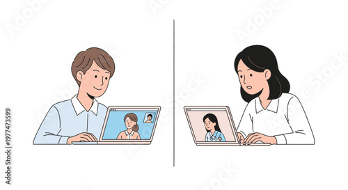 Remote work, online meeting, video call, business communication, teamwork vector illustration