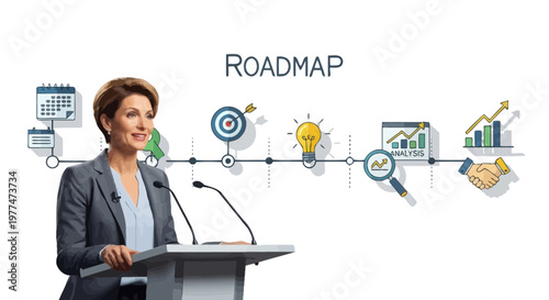 Business woman presenting roadmap, strategy icons, planning and growth concept, vector illustration